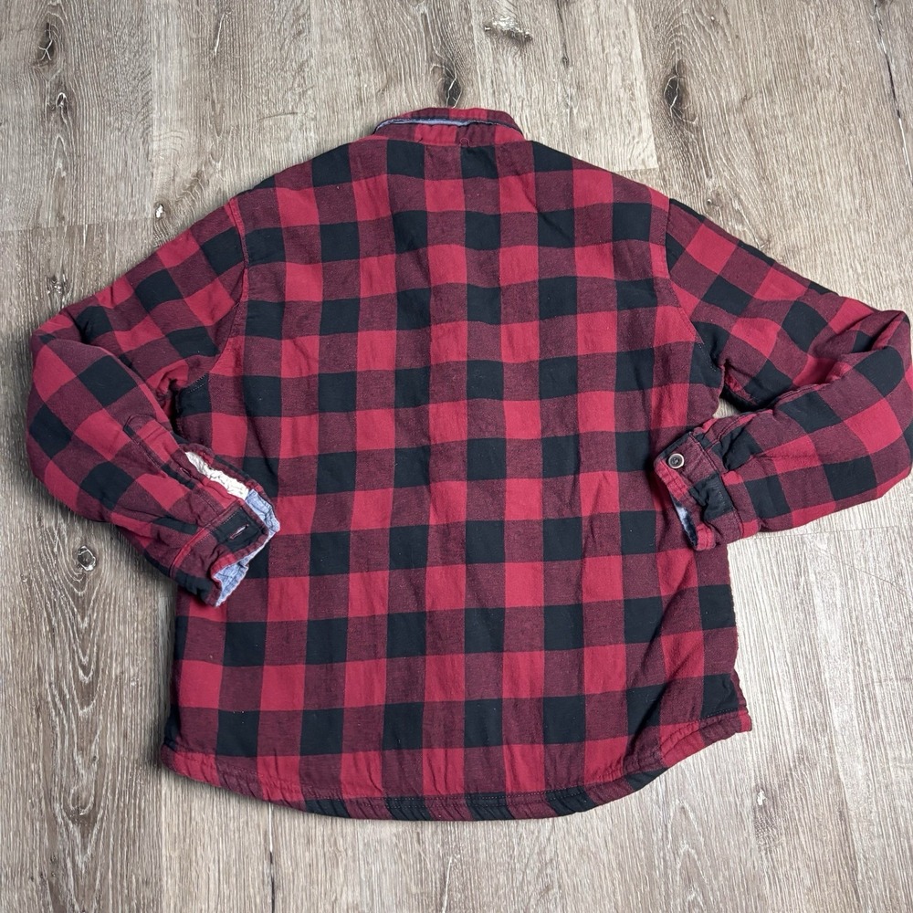 TAILOR VINTAGE Men's L Red Black Plaid Flannel Shirt Jacket Sherpa Lining - Picture 2 of 10